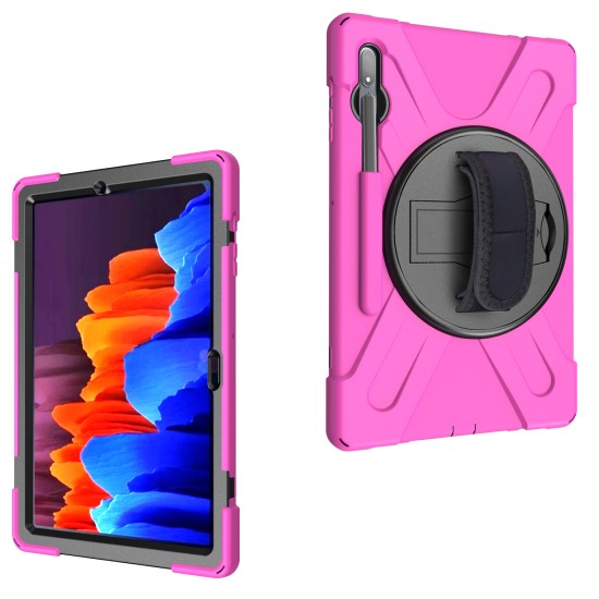 For Samsung Tab S7 T870 /Tab S7 Plus T970/T975 Protective Cover with Pen Slot Anti-fall Belt Holder + Wristband + Straps Rose red_Samsung Tab S7 Plus T970/T975