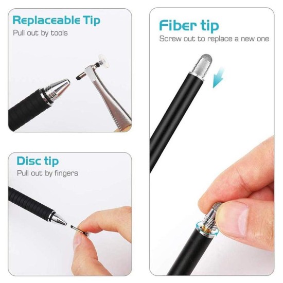 Stylus Pen Capacitive Touch Screen High Accuracy Active Stylus Pen +Rubber Nib+Fiber Nib Silver