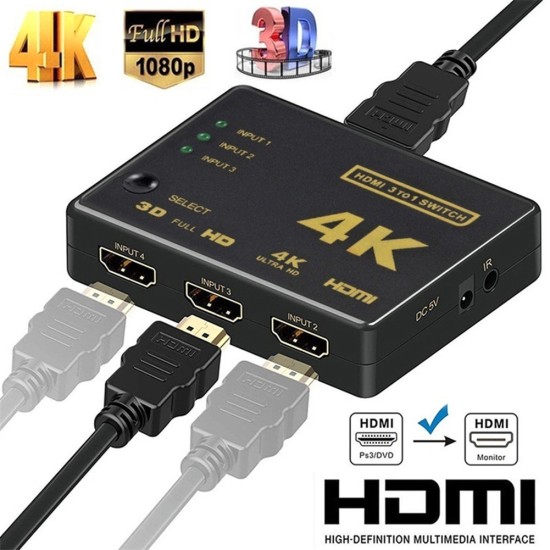 4K*2K HDMI Splitter 3 in 1 High Definiton Video Adapter 3 Input 1 Output Converter black