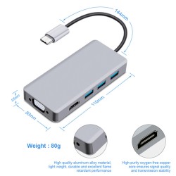 5 in 1 Docking Station USB 3.1 PD Charging/VGA/USB3.0*2/HDMI 2K/4K Multifunction Adapter Converter Silver