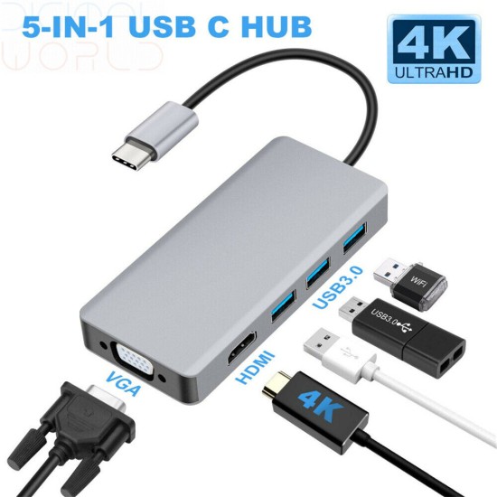 5 in 1 Docking Station USB 3.1 PD Charging/VGA/USB3.0*2/HDMI 2K/4K Multifunction Adapter Converter Silver