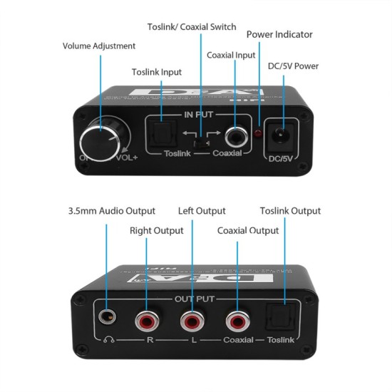 Digital to Analog Audio Converter with USB Cable Toslink Optical to Analog L/R RCA Audio black