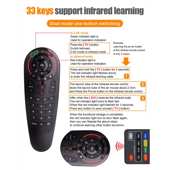 G30 Remote Control 2.4G Wireless Voice Air Mouse 33 Keys IR Learning Gyro Sensing Smart Remote for Game Android TV Box black