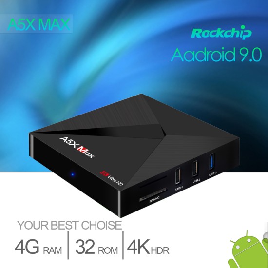 A5X MAX TV Box 4GB DDR3 SDRAM 32GB Flash RK3318 Quad-Core for Android 9.0 4K HD H.265 2.4G WiFi Media Player  British regulations