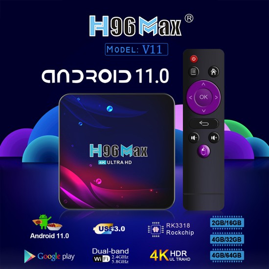 H96 Max V11 Android11 Tv Box Rk3318 Bluetooth 4.0 Google Voice 4k Smart Tv Box 2.4g 5g Wifi Android 11 Set-top Box UK Plug