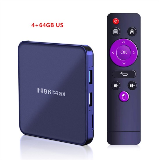 H96 Max V12 Set-top Box android 12.0 Rk3318 5GWiFi Dual-band Tv Player with RC Blue US Plug 4+64GB