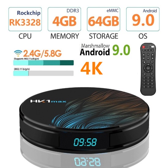 HK1 Max Android 9.0 4K Wifi Smart TV Box - 4GB RAM, 32GB ROM, EU Plug