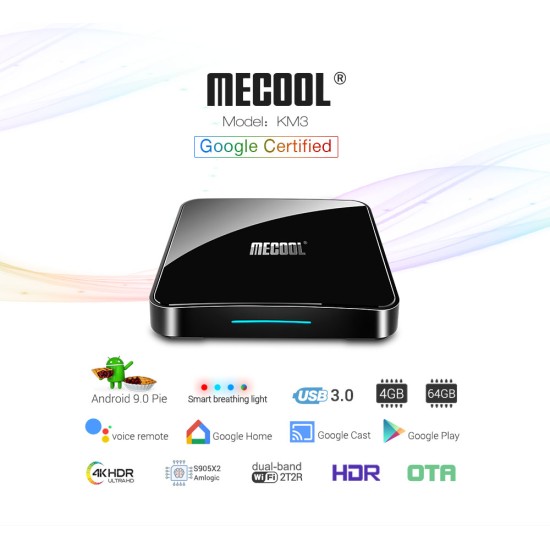 MECOOL KM3 ATV Android 9.0 TV Box - Voice Control, Cortex A53, Quad Core, 4G RAM, 64G ROM, Dual WiFi, EU Plug