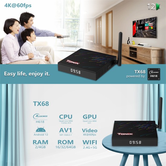 Tx68 Allwinner H618 android 12.0 Smart Tv Box Dual Band Wifi6 4k Media Player Set Top Box Pk T95z Plus US Plug 4+64GB