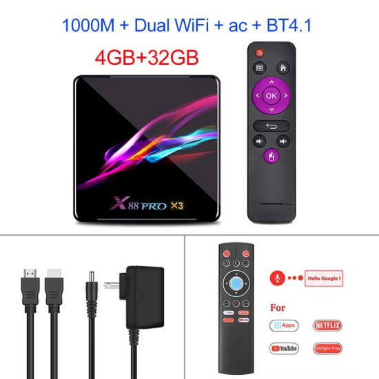 X88 PRO X3 Android 9.0 TV Box  S905X3 Quad Core 1080p 4K Google Voice Assistant 2G 16G Set Top Box black_4GB + 32GB with i8 Keyboard