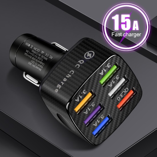 15a 6 Usb Car Charger Luminous Qc3.0 75w Fast Charging Phone Adapter with Led Light Display Black