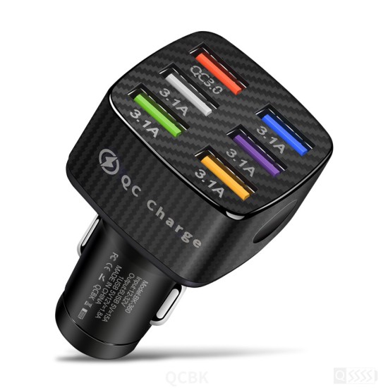 15a 6 Usb Car Charger Luminous Qc3.0 75w Fast Charging Phone Adapter with Led Light Display Black