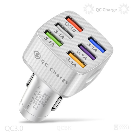 15a 6 Usb Car Charger Luminous Qc3.0 75w Fast Charging Phone Adapter with Led Light Display White