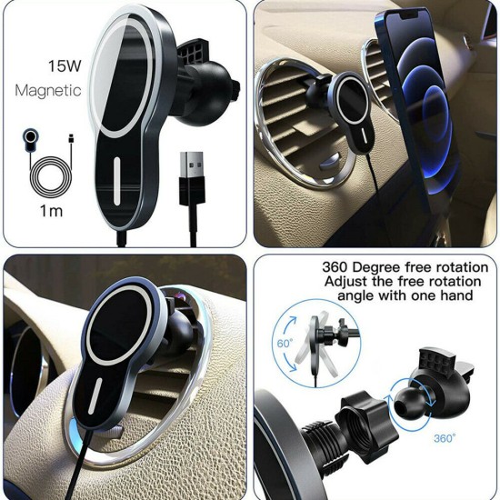 15w Sturdy Magnetic  Wireless  Car  Charger With Vent Phone Mount Convenient Charging Tool Compatible For Iphone 12 12pro 12pro Max 12 Mini black