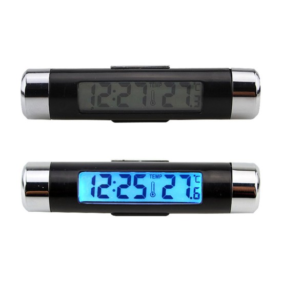 2 in 1 Car Digital LCD Thermometer Clock Calendar Automotive Backlight Clock  Black blue light