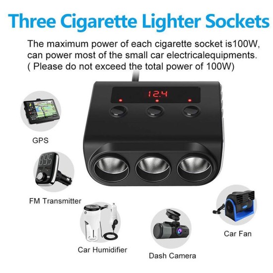 3 Way Car Cigarette Lighter Adapter 12V-24V Socket Splitter Plug LED 4 USB Charger Adapter For Phone MP3 DVR black