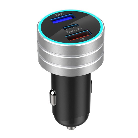 3.1A Dual USB Type-C Car Charger Fast Charging with LED Display Universal Mobile Phone Tablet  Silver