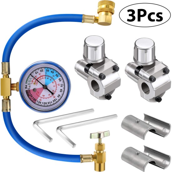 3pcs Automobile Air Conditioner Refrigerant Piercing Tap Valve Kits U-Charging Hose Refrigerant Can Tap with Gauge