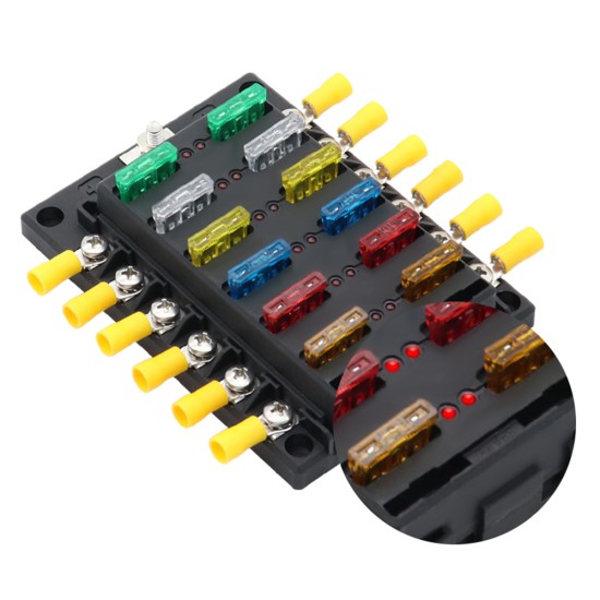 41pcs Pc+pbt 12-way Fuse  Holder With Short Circuit Indicator Light + 12 Fuses + 20 Yellow Cold-pressed Ring Terminal Sets black