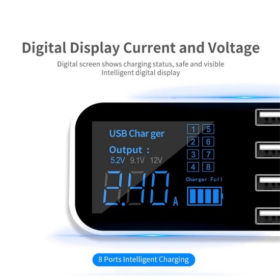 8-port Output Usb Car Charger 12v-24v Led Digital Display Ultra-thin Fast Charger black