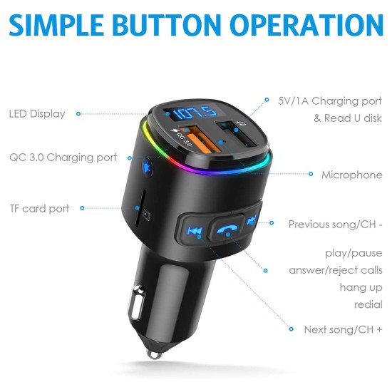 Bc41 Car Fm Transmitter Bluetooth MP3 Player Charger Cigarette Lighter Black