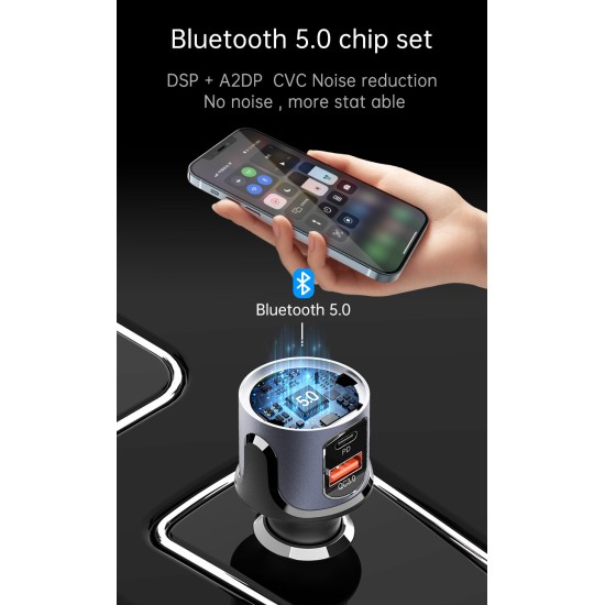 Bc72 Car  Fast  Charging  Head PD Charger QC 3.0 Bluetooth-compatible Hands-free Fm Transmitter Metallic gray