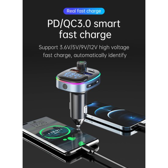 Bc82 Bluetooth 5.0 Car Kit Handsfree Fm Transmitter Receiver Dual Screen Display Pd Qc3.0 Fast Charger Black