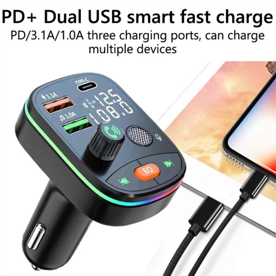 Bluetooth 5.0 FM Transmitter Wireless PD 20W Fast Charge Dual Display Dual Usb Charger Car Kit Black