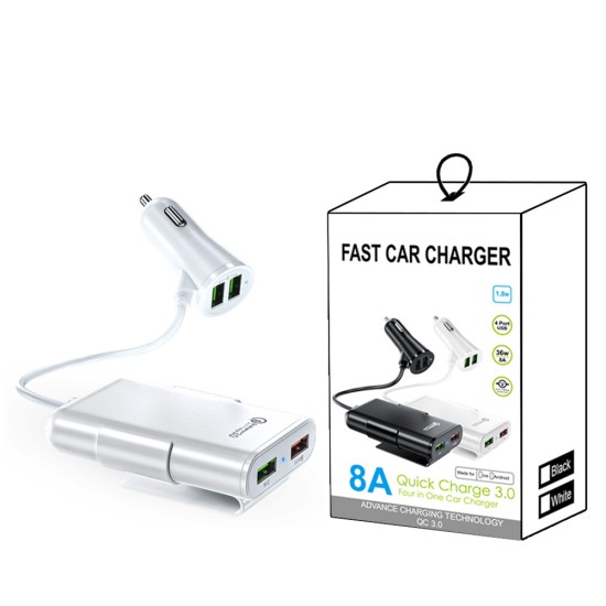 Car  Charger 8a Qc3.0 Front Rear Seat Car Charger 1 To 4 Multi-port 4usb Car Charg Ing Adapter With Cable Universal For Dc 12v White