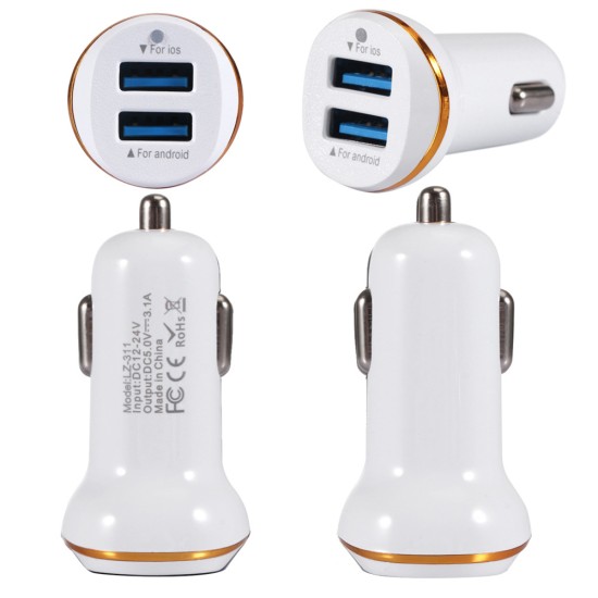 Car 3.1a Dual Usb Car Charger Led Portable Dc 12-24v Car Charger Universal Application Usb Car Charger For Mobile Phones White