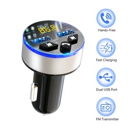 Car Charger Wireless Bluetooth 5.0 Receiver Dual Usb Fast Charging Silver