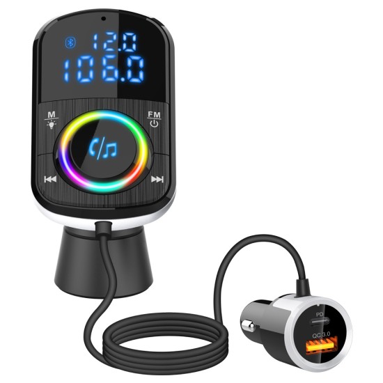 Car FM Transmitter Kit Dual Display Pd3.0/qc3.0 Fast Charger Bluetooth 5.0 Blue