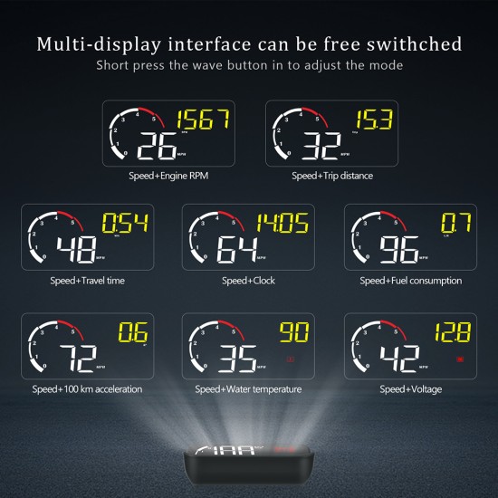 Car Hud Head-up Display M10 HD Windshield Projector Obd Overspeed Warning Yellow and White