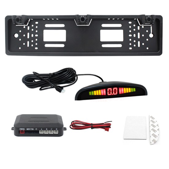 Car Parking Sensor Kit Auto Reversing System European License Plate Camera Front Back Electromagnetic Monitor System black