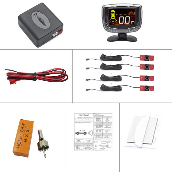 Car Parking Sensor Set Lcd Display 4 Probe 80db Buzzer Alarm Black