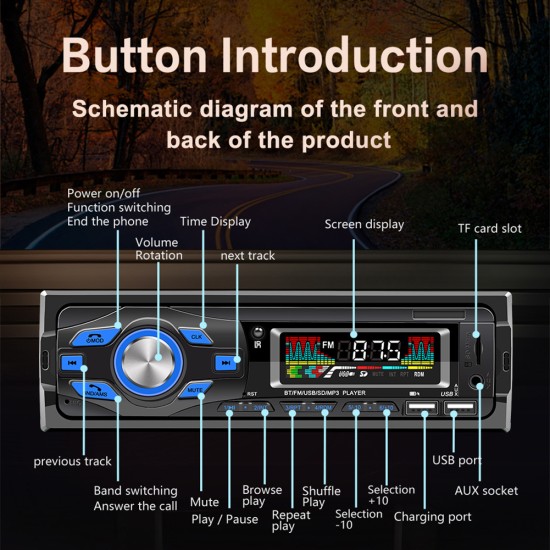 Car Radio Audio 1Din Bluetooth Stereo MP3 Player Fm Receiver Black