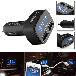 DC 5V 3.1A 4 in 1 LED Digital Voltmeter Ammeter Thermometer Dual USB Universal Car Charger Voltage Current Temperature Meter White blue light