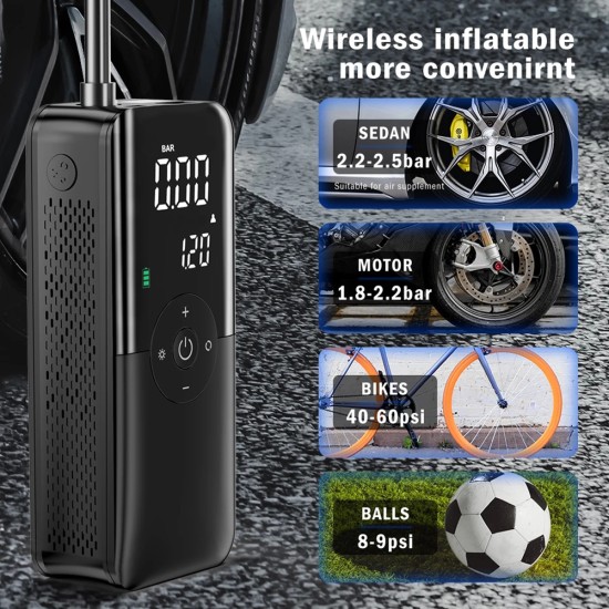 Digital Tire Inflator Mini Portable Lightable Air Compressor Wireless Air Pump Black