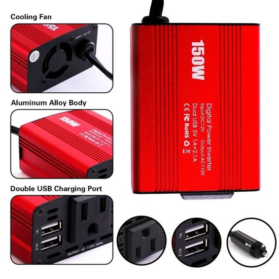 Dual USB 150W DC 12V to AC 110V/220V Power Converter Car Charger Adapter Car Inverter US Socket red