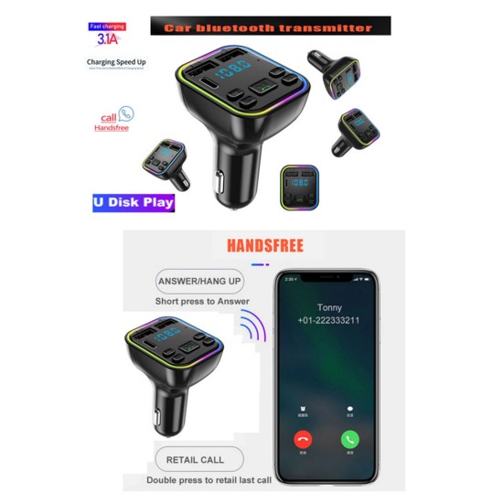 FM Transmitter Car Kit Wireless Bluetooth Hands Free Dual Usb Charger 3.1a Mp3 Music Tf Card U Disk Aux Player Black