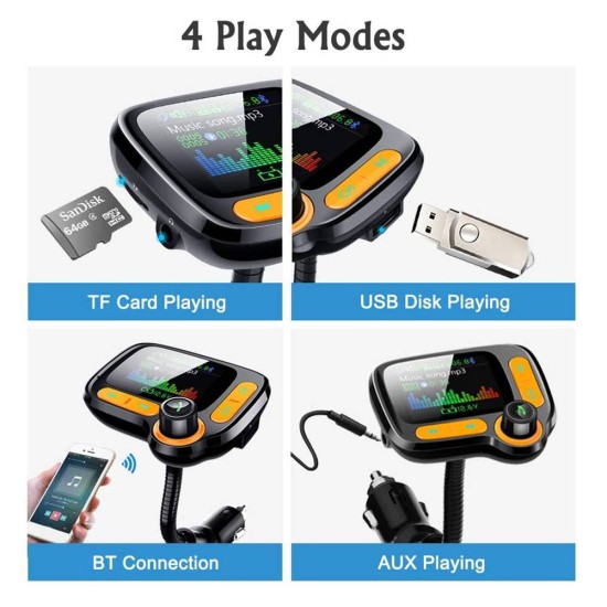 FM Transmitter Car Wireless Adapter Qc3.0 Charger Bluetooth 5.0 Black