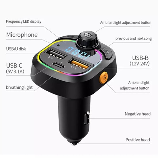 FM Transmitter Dual USB Car Charger Bluetooth Black