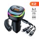 K2 Multi-functional Car Charger Display 12-24v Pd65w Qc3.0 Quick Charge 3-in-1 Spring Fast Charging Cable Black