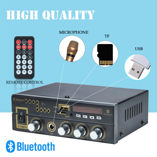 Kinter T1 Digital Audio Power Amplifier Bluetooth Player 2x 25W DC12V 220V Karaoke Input - EU Plug