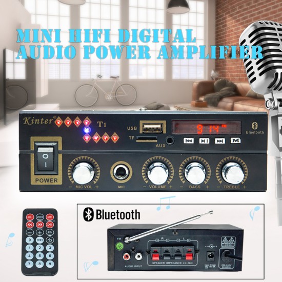 Kinter T1 Digital Audio Power Amplifier Bluetooth Player 2x 25W DC12V 220V Karaoke Input - EU Plug