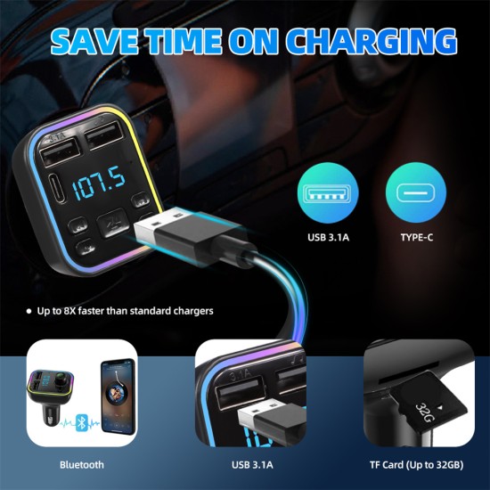 Led Backlight Bluetooth Fm Transmitter Dual Usb Type C Fast Charger Black