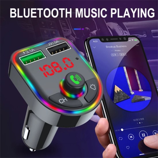 Luminous Bluetooth-compatible 5.0 Car  Fm  Transmitter Hands-free Multi-function Mp3 Player Wireless Receiver Usb Fast Charger black F6