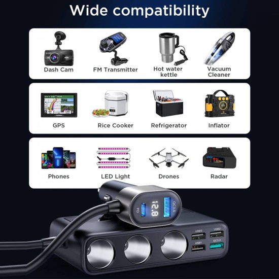 Multi-port Car Cigarette Lighter Adapter 3 Sockets 6 Ports Mobile Phone Pd Qc Fast Charger Black