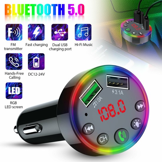 Multi-purpose LED Screen F9 Car  Bluetooth-compatible  5.0  Fm  Transmitter Mp3 Player U Disk Music Atmosphere Light Usb Fast Charger Black