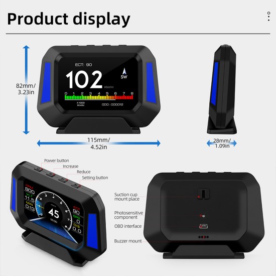 Portable Car  Hud  Head-up  Display Universal Obd High-definition Computer Display Gps Mode Function Car Multi-function Meter black